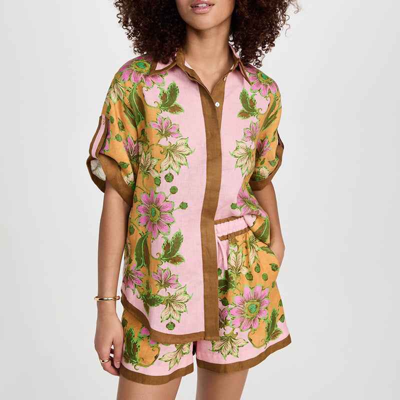 Summer Unique Print Design Shirt Top Casual Shorts Suit Women Two Piece Suit
