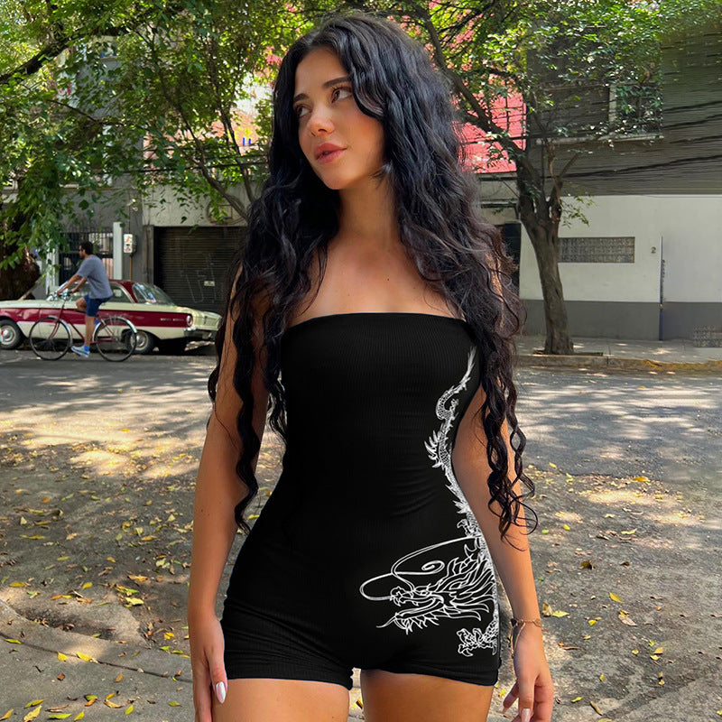 Dragon Print Tube Top Jumpsuit Skinny Sheath Sleeveless Chest Wrapped Sports Shorts - ALZO