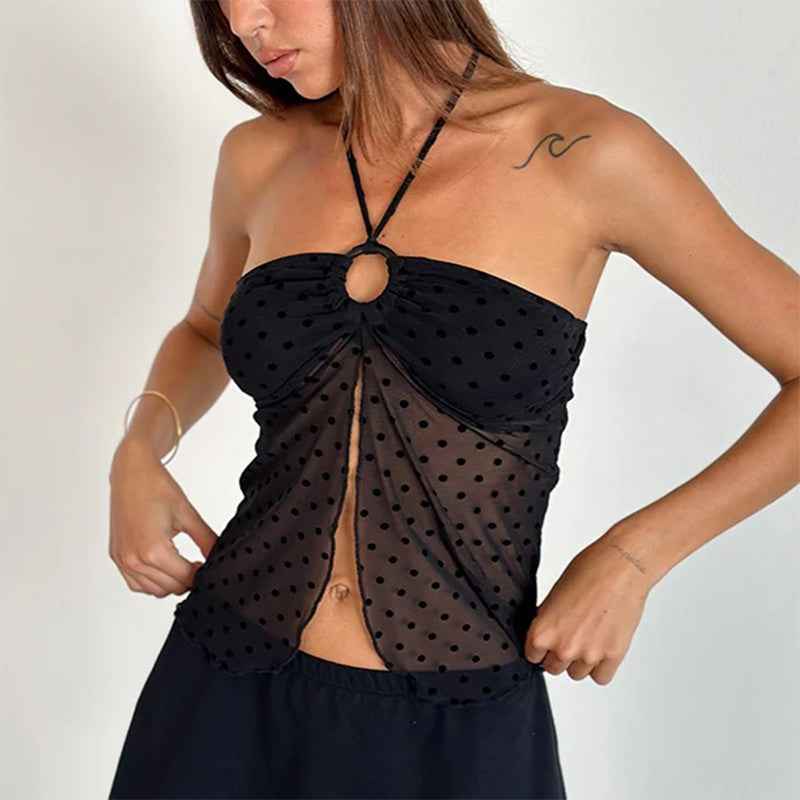 Sexy Top Spring Summer Flocking Vintage Printed Sexy Halterneck Vest