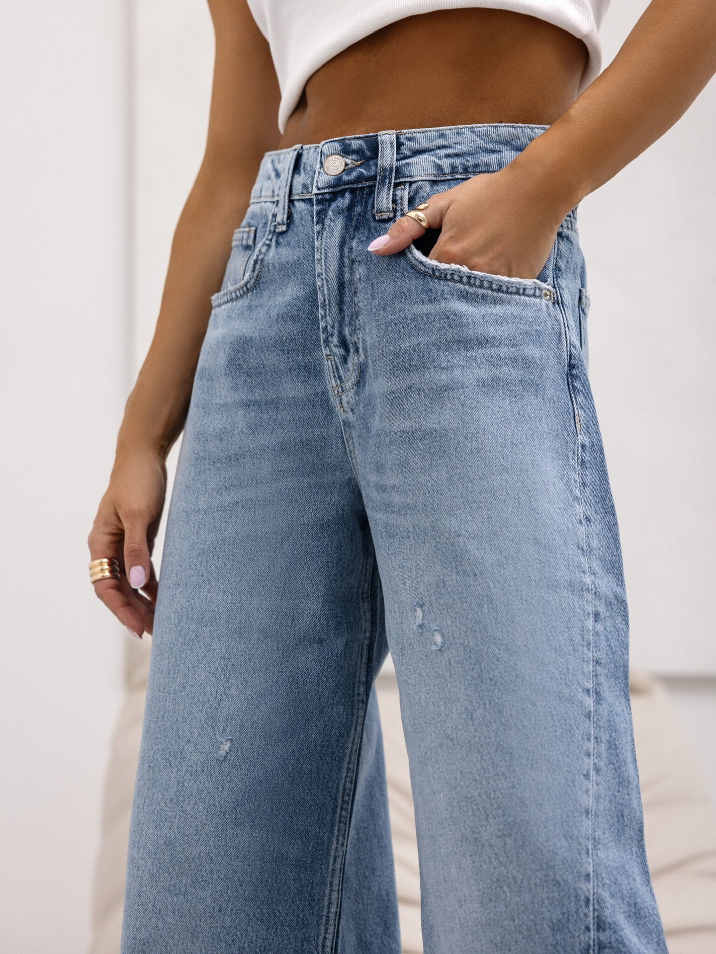 Retro Straight Ripped Jeans Women Summer Wide Leg Pants - ALZO