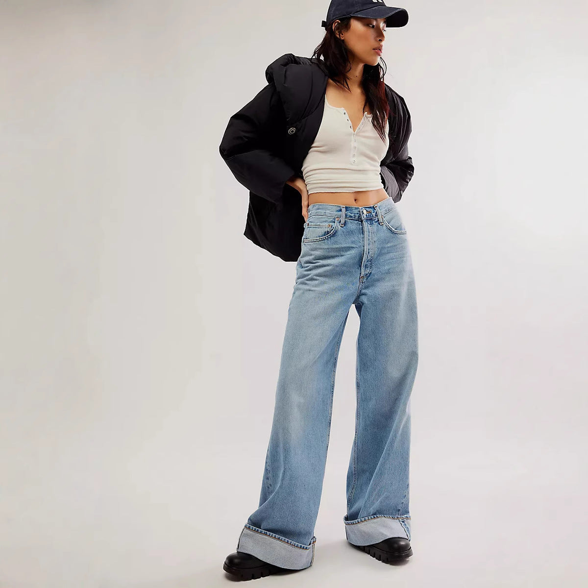 Retro High Waist Slimming Straight Casual Wide Leg Loose Washed Design Jeans - ALZO