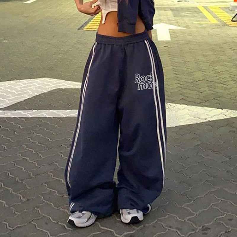 High Street Sweet Cool Ribbon Stitching Printing Elastic Waist Loose Wide Leg Casual Sports Trousers Summer