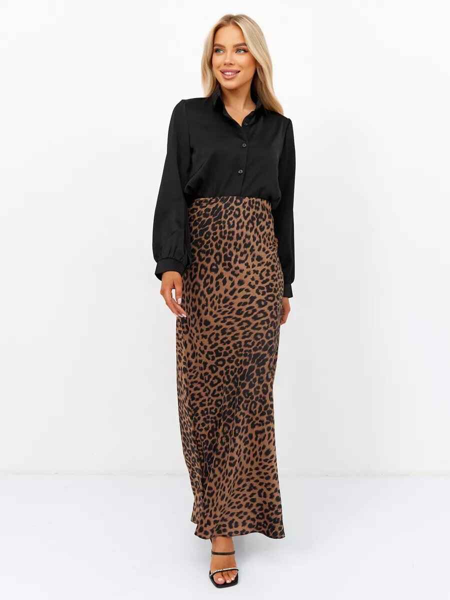 Satin Skirt Sexy Leopard Print Maxi Skirt High Waist Elastic Silky Maxi Skirt