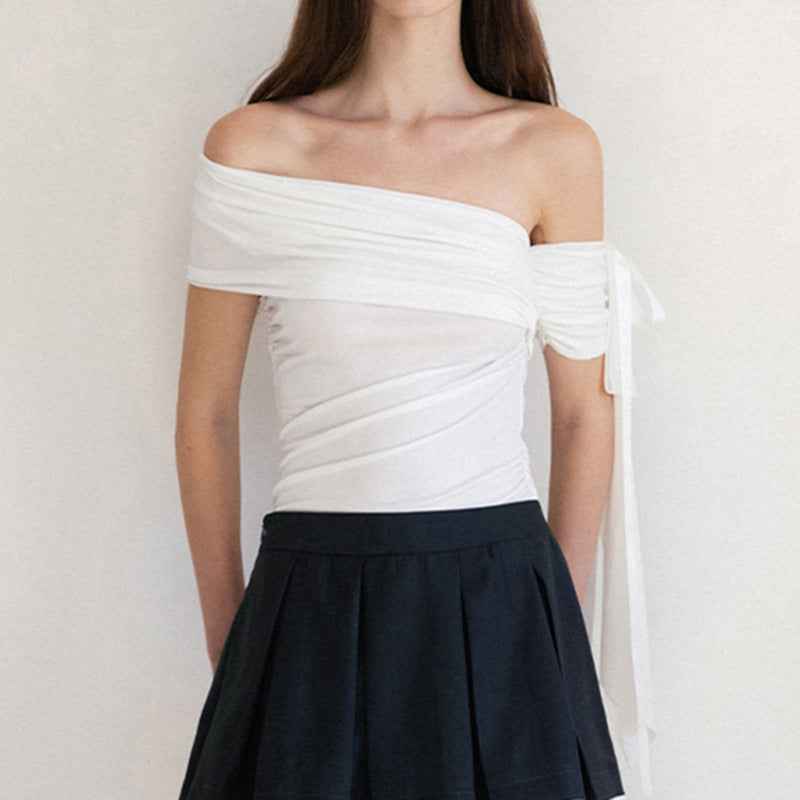 Sweet Diagonal Collar Bow Design Short Top Girl Pleated Waist Tight Slimming Casual Cold Shoulder Short Sleeve