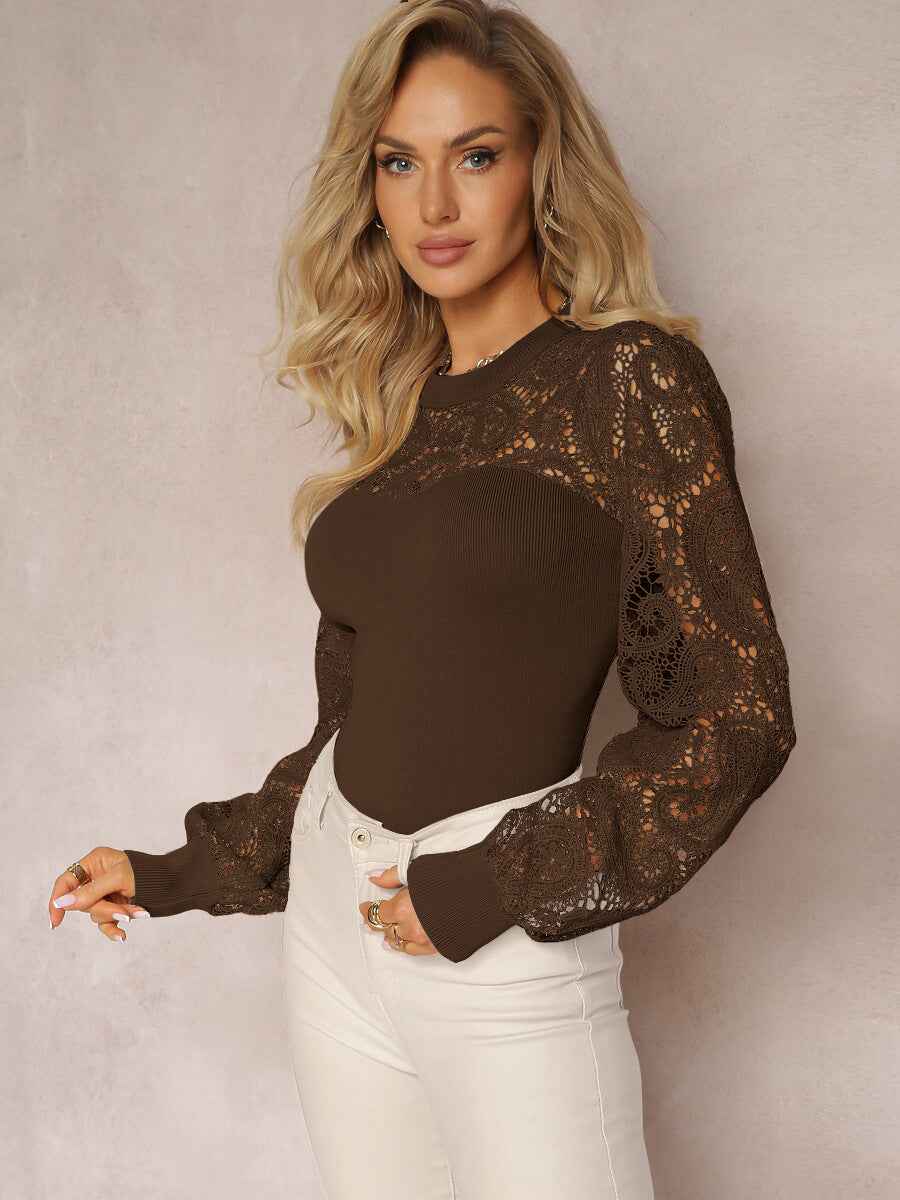 Patchwork Lace Women Commuting Wear High Grade Intellectual Hollow Out Cutout Out Long Sleeve Unique Chic T shirt