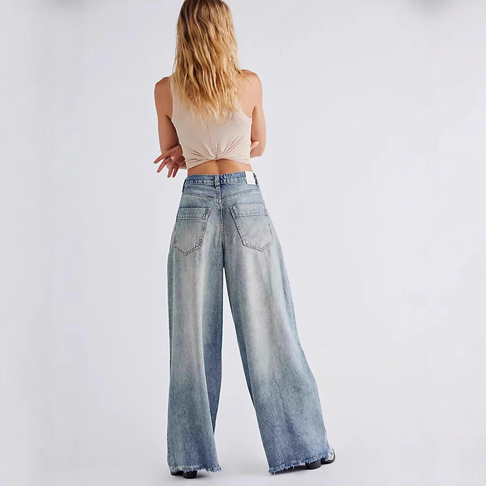 Retro Washed High Waist Drooping Straight Wide Leg Denim Trousers - ALZO