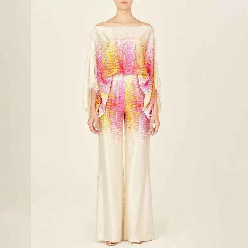 Women Clothing Loose Batwing Sleeve Top Wide Leg Trousers Two Piece Suit