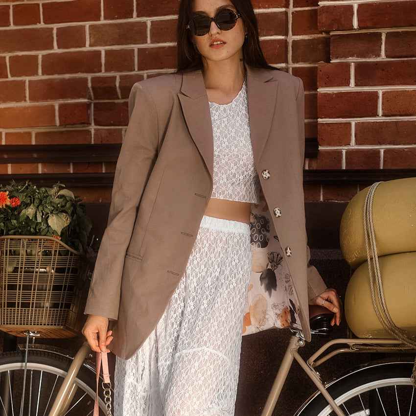 Spring Summer Sexy Elegant See through Brocade Lace Long Sleeve round Neck Short Top Low Waist Skirt Two Piece Set for Women