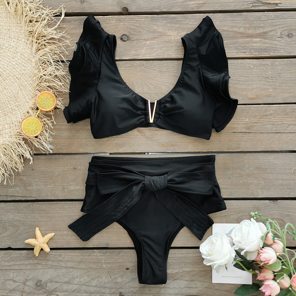 Solid Color Split Swimsuit Women Heavy Industry Line Flounced Sexy Bikini Swimsuit - ALZO
