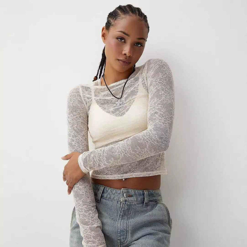 Ladies Bottoming Shirt See through Sexy round Neck Slim Solid Color Long Sleeve Lace Top