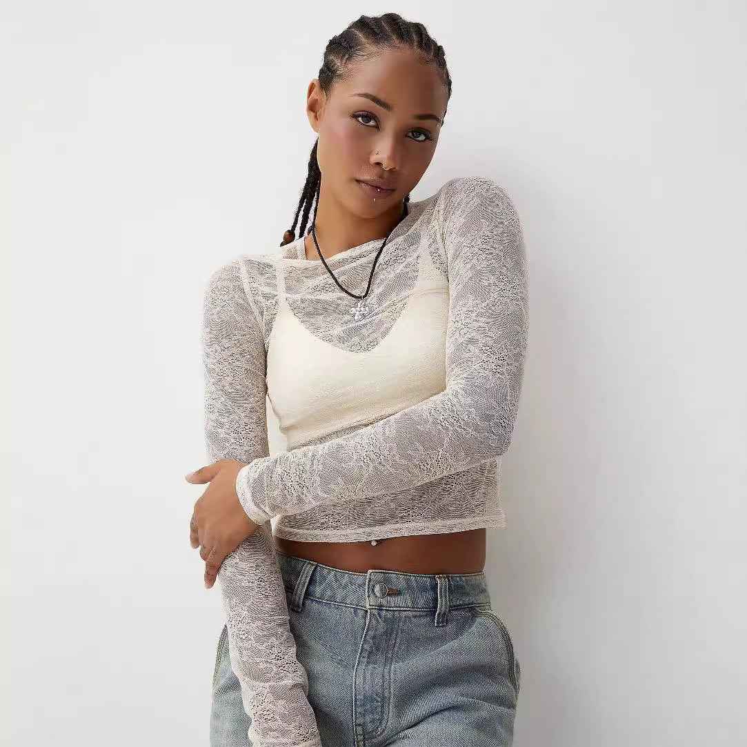 Ladies Bottoming Shirt See through Sexy round Neck Slim Solid Color Long Sleeve Lace Top