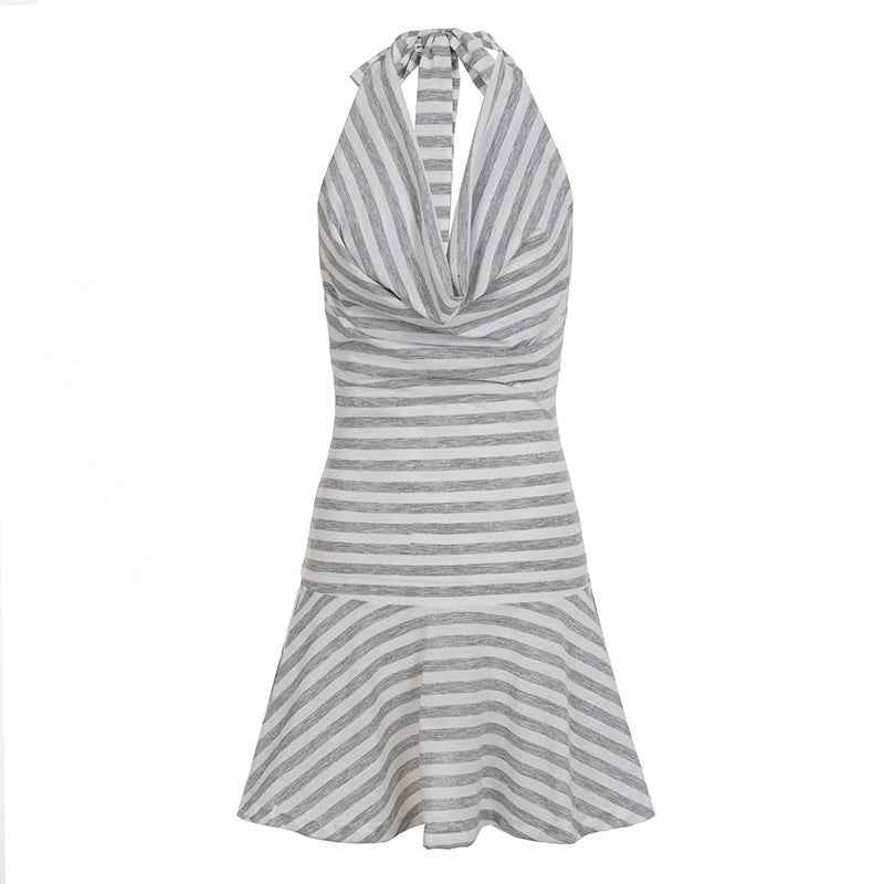 Women Clothing Striped Printed Halter Dress Swing Collar Sexy Backless Waist Trimming A line Dress