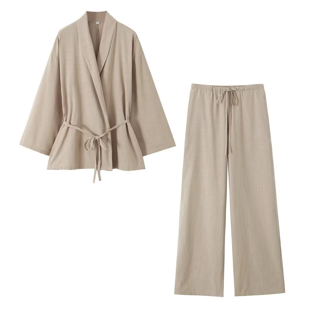 Women Clothing Casual Two Piece Sets Spring Autumn Kimono Lace up Top Pajamas Pants - ALZO