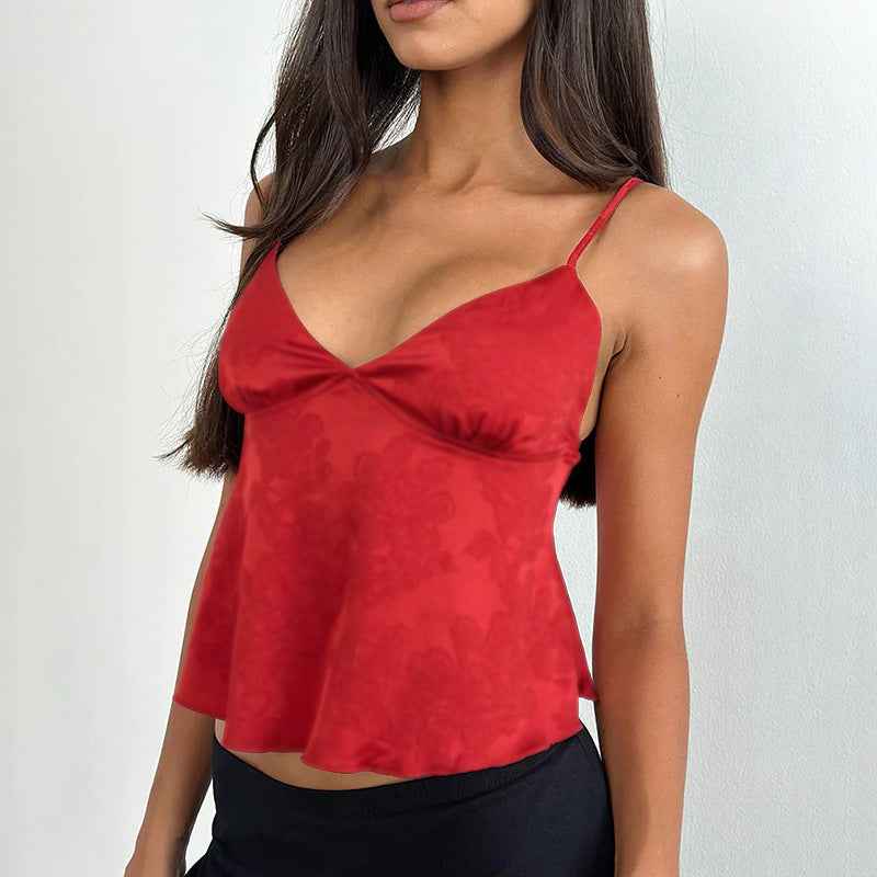 Satin Jacquard Sling Summer V neck Loose Top Women