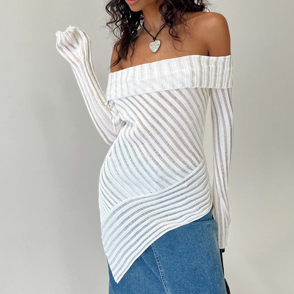 Fall French off the Shoulder Long Sleeve Design Knitted Woolen Slim Fit Outerwear Top Women - ALZO