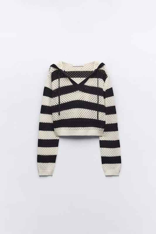 Early Autumn Retro Pullover V neck Loose Short Striped Hooded Sweatshirt Top