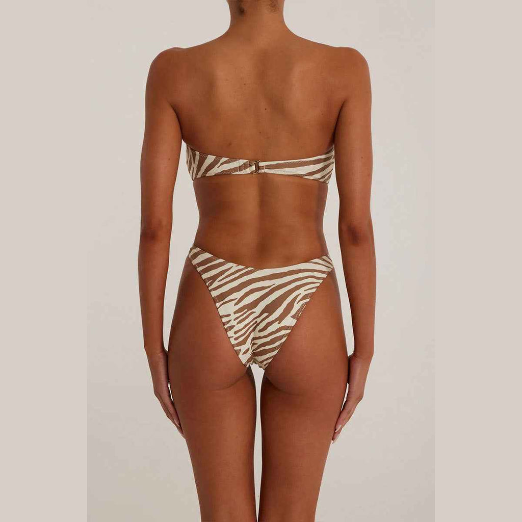 Tube Top Triangle Striped Printed Mid Waist Bikini Sexy Split Swimsuit Women