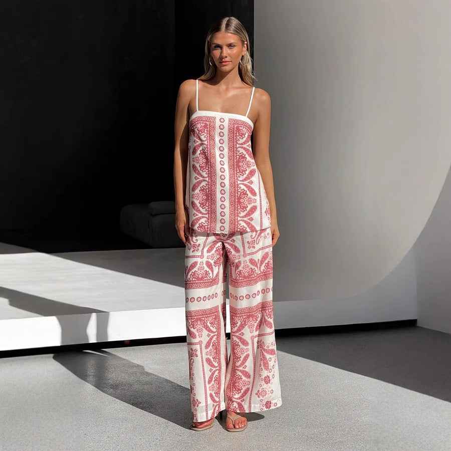 Summer Positioning Printing Loose Casual Sling Top Wide Leg Straight Pants Set