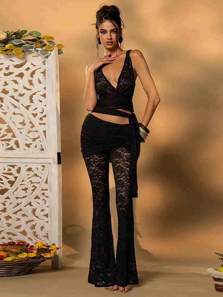 Women Clothing Slim Fit V neck Sling Vest Sheath Flared Pants Lace Two Piece Sets