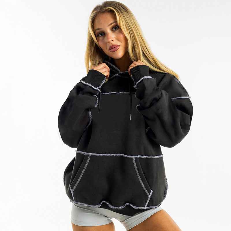 Women Autumn Casual Trend Hooded Drawstring Loose Lock Edge Sweatshirt Top