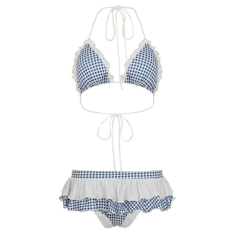 Girl Cute Printed Plaid Banded Bikini Summer Ruffles Sexy Split Swimsuit Two Piece Sets Women