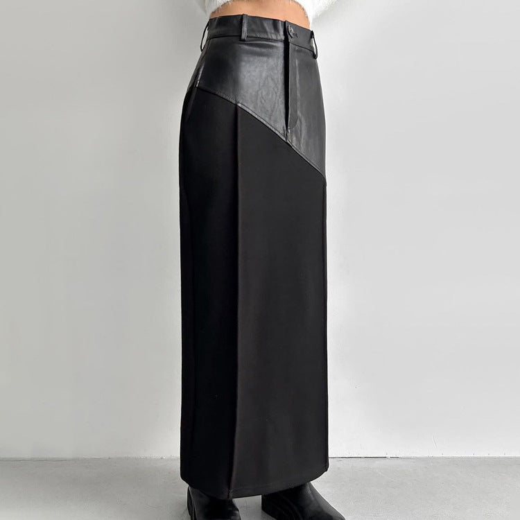 Women Clothing Retro Faux Leather Stitching Design Half Length Skirt Women Wild High Waist Slit Hip Skirt - ALZO