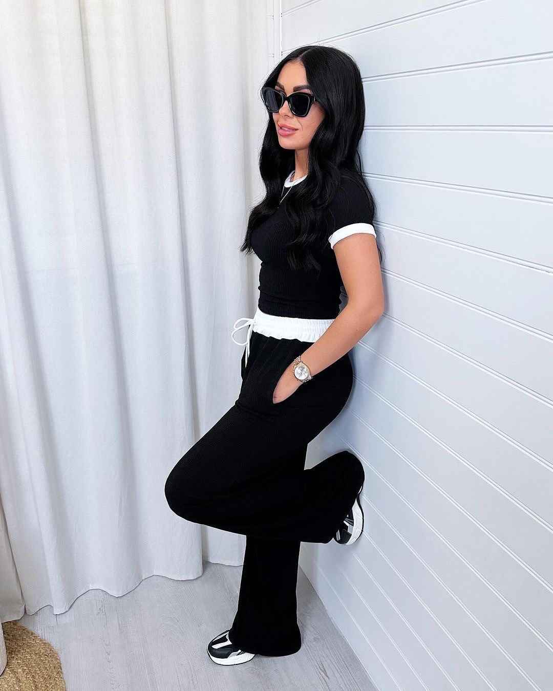Spring Summer Round Neck Contrast Color Short-Sleeved Women Clothing Casual Wide Leg Pants Sports Suit