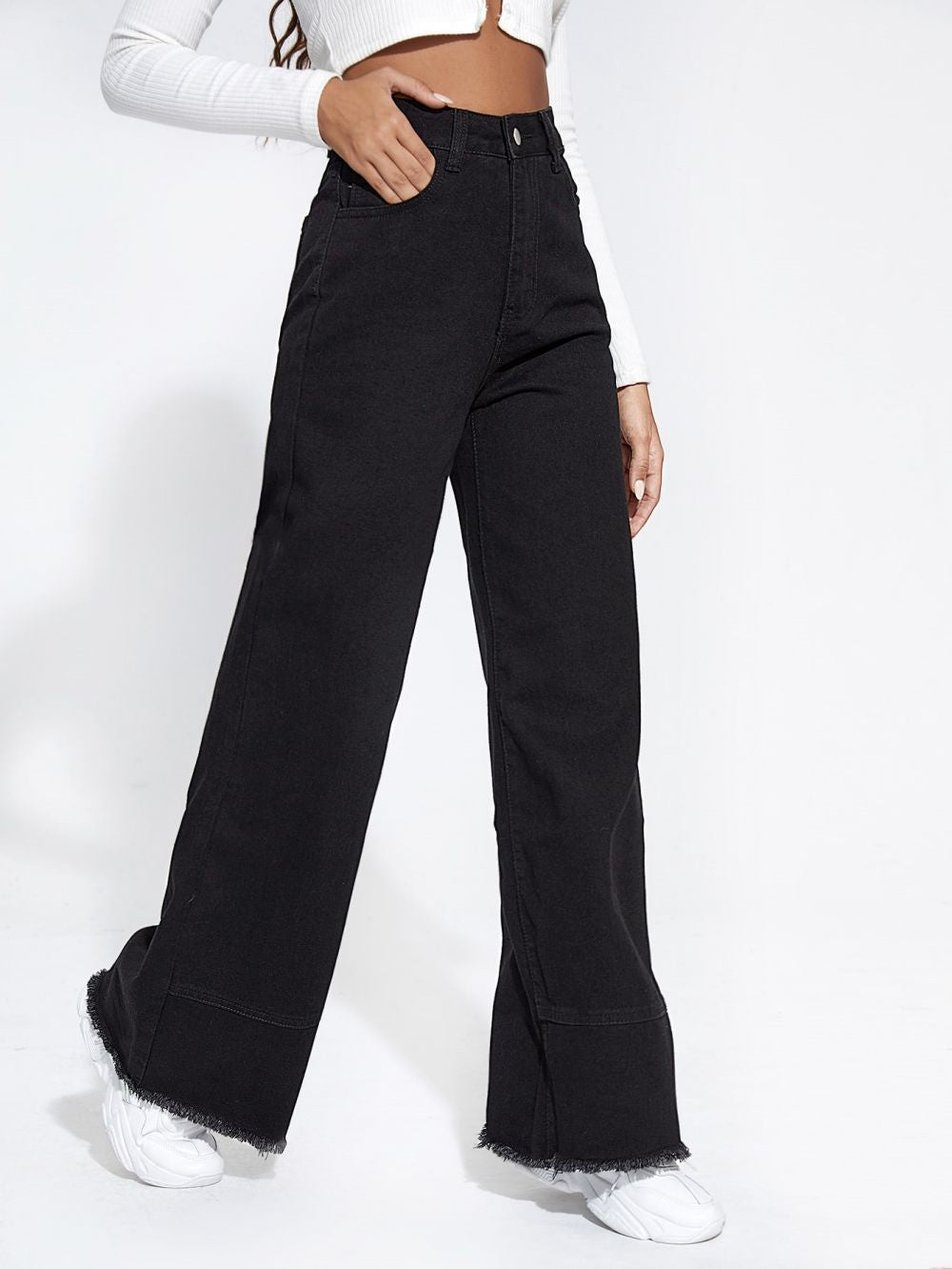 Spring Wide Leg Jeans High Waist Stitching Loose Burrs Trousers Jeans - ALZO