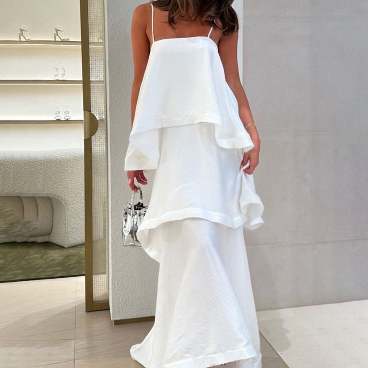 French Sleeveless White Satin Drape Women Dress Design Casual Cami Dress Tiered Dress - ALZO