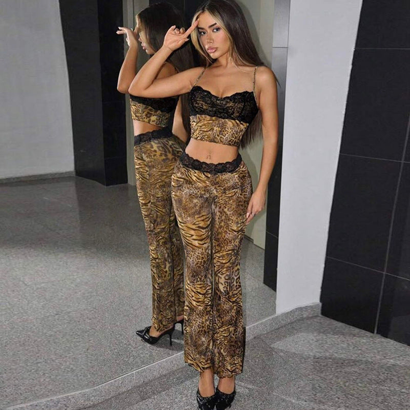 Winter Women Clothing Sexy Leopard Splicing Lace Design Suspenders Slimming Sheath Trousers Set - ALZO