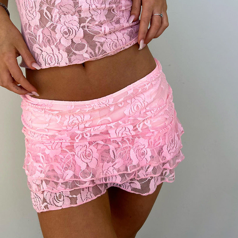 Sexy Wind Beach Wave Solid Color Lace Mini Short Skirt Women - ALZO