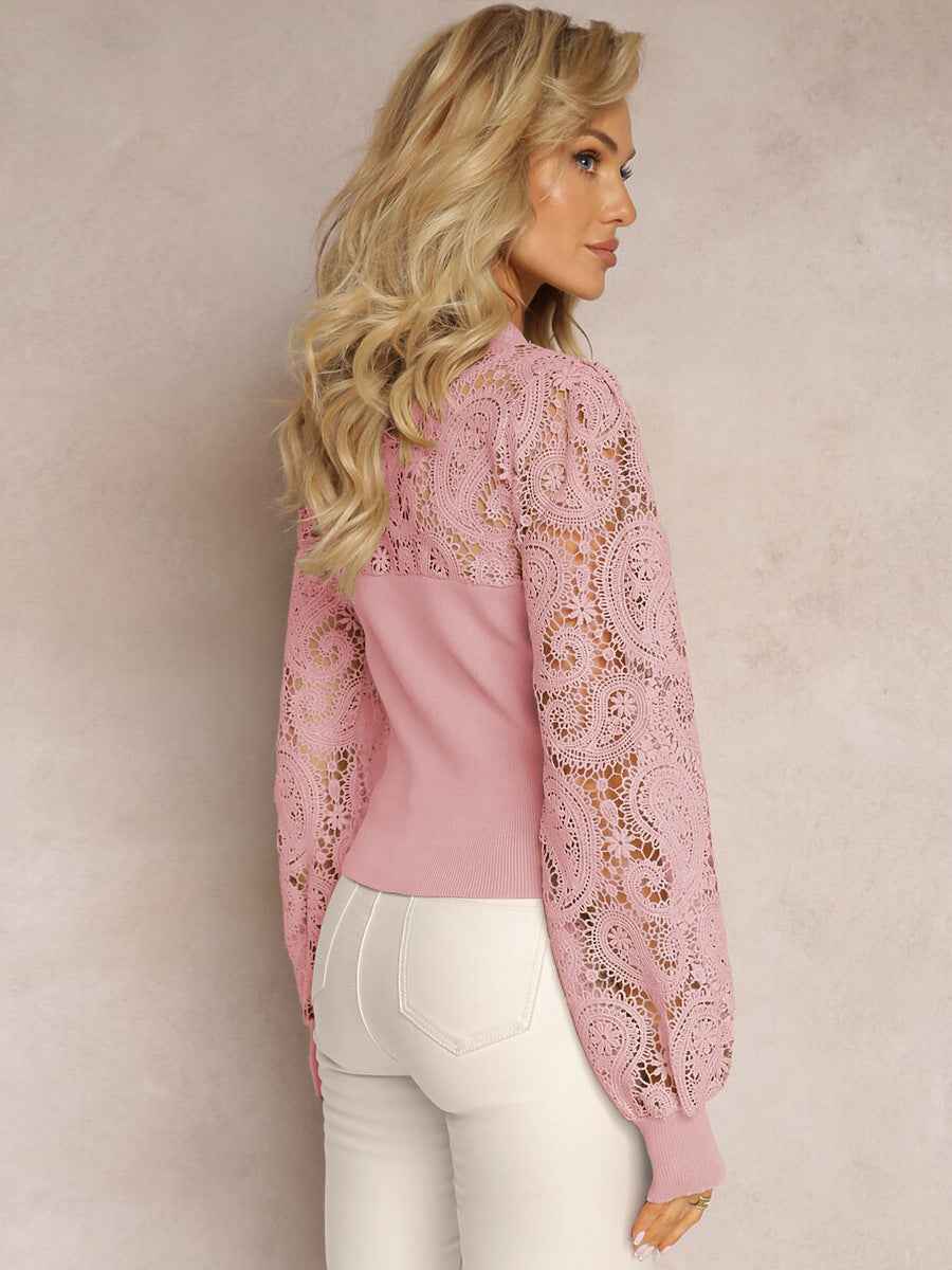 Patchwork Lace Women Commuting Wear High Grade Intellectual Hollow Out Cutout Out Long Sleeve Unique Chic T shirt