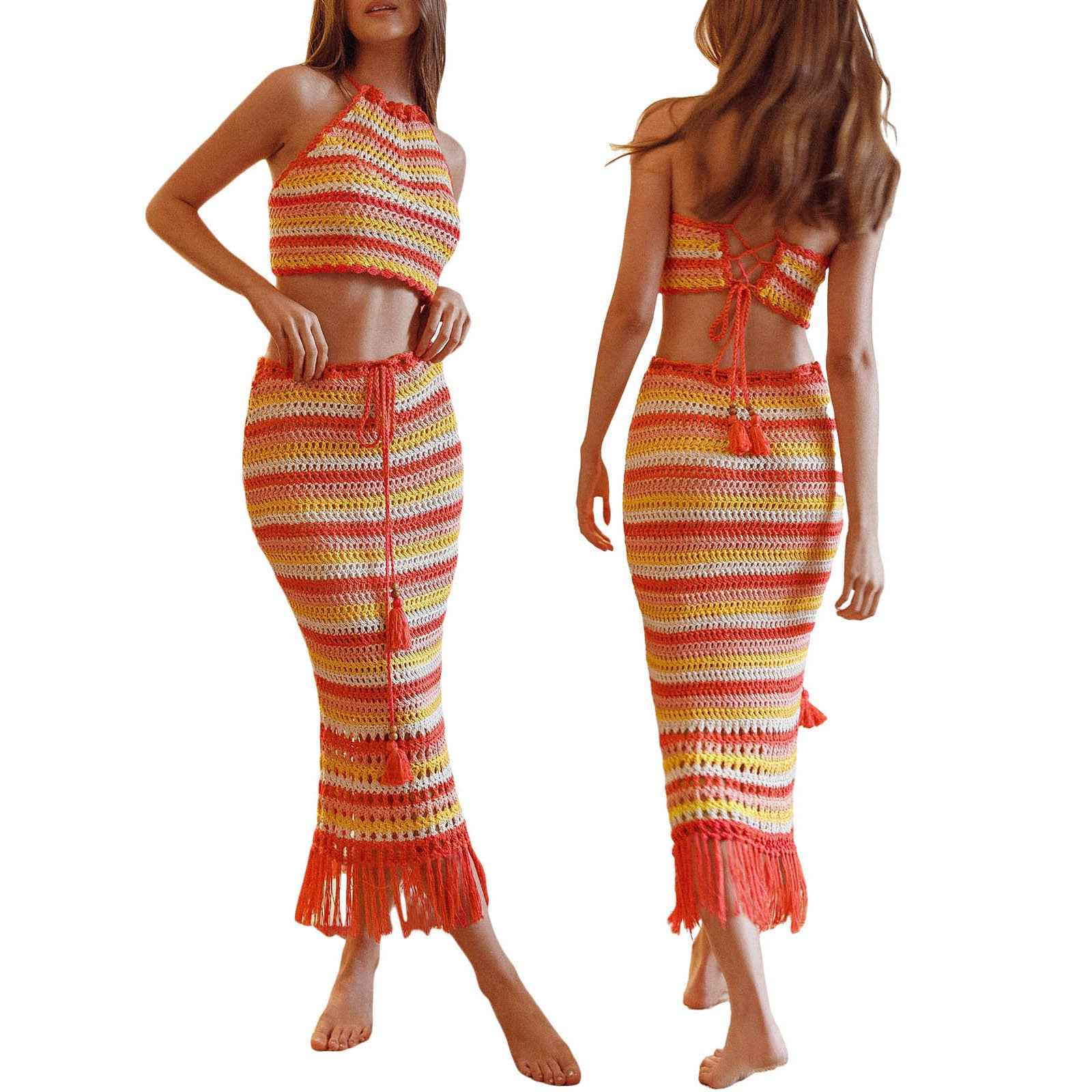 Women Clothing Summer Stripes Short Cropped Strap Vest Sexy Sheath Tassel Skirt Knitting Set