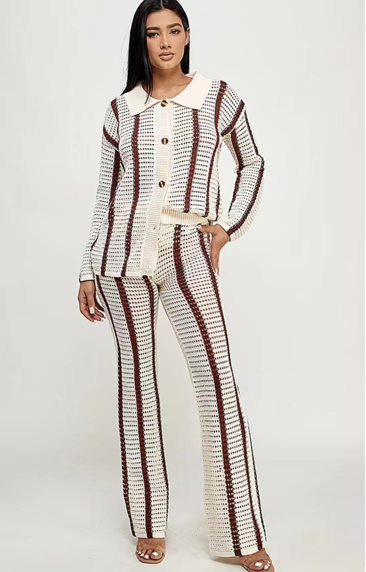 Autumn Sweet Casual Striped Hollow Out Cutout Knitted Cardigan Women Coat Long Sleeve Length Straight Leg Pants Sets - ALZO