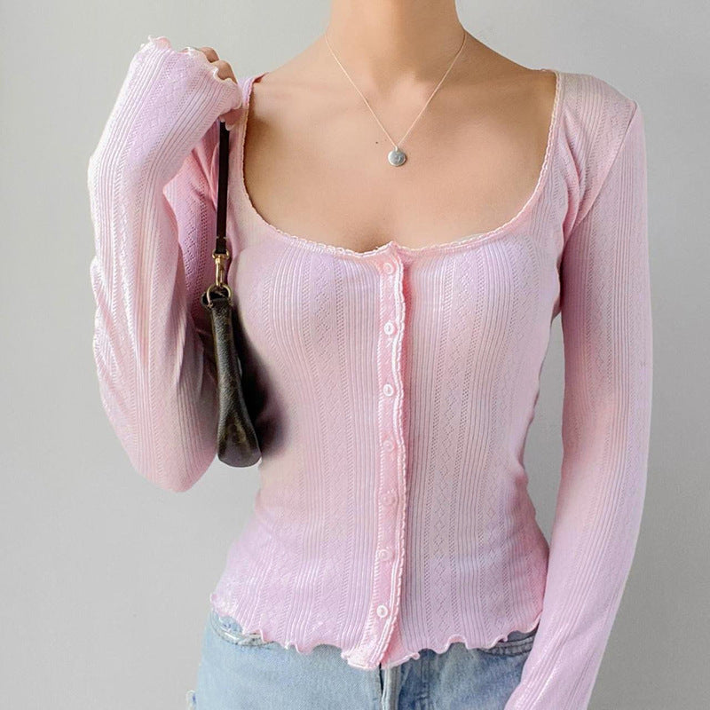 Retro Simple Casual All Match Square Collar Top Women Comfortable Solid Color Button Cardigan Long Sleeve - ALZO