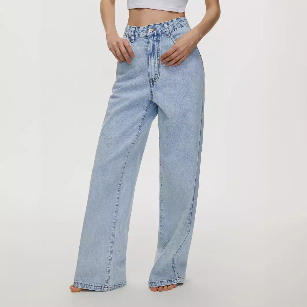 Women Clothing Straight Loose High Waist Denim Trousers - ALZO