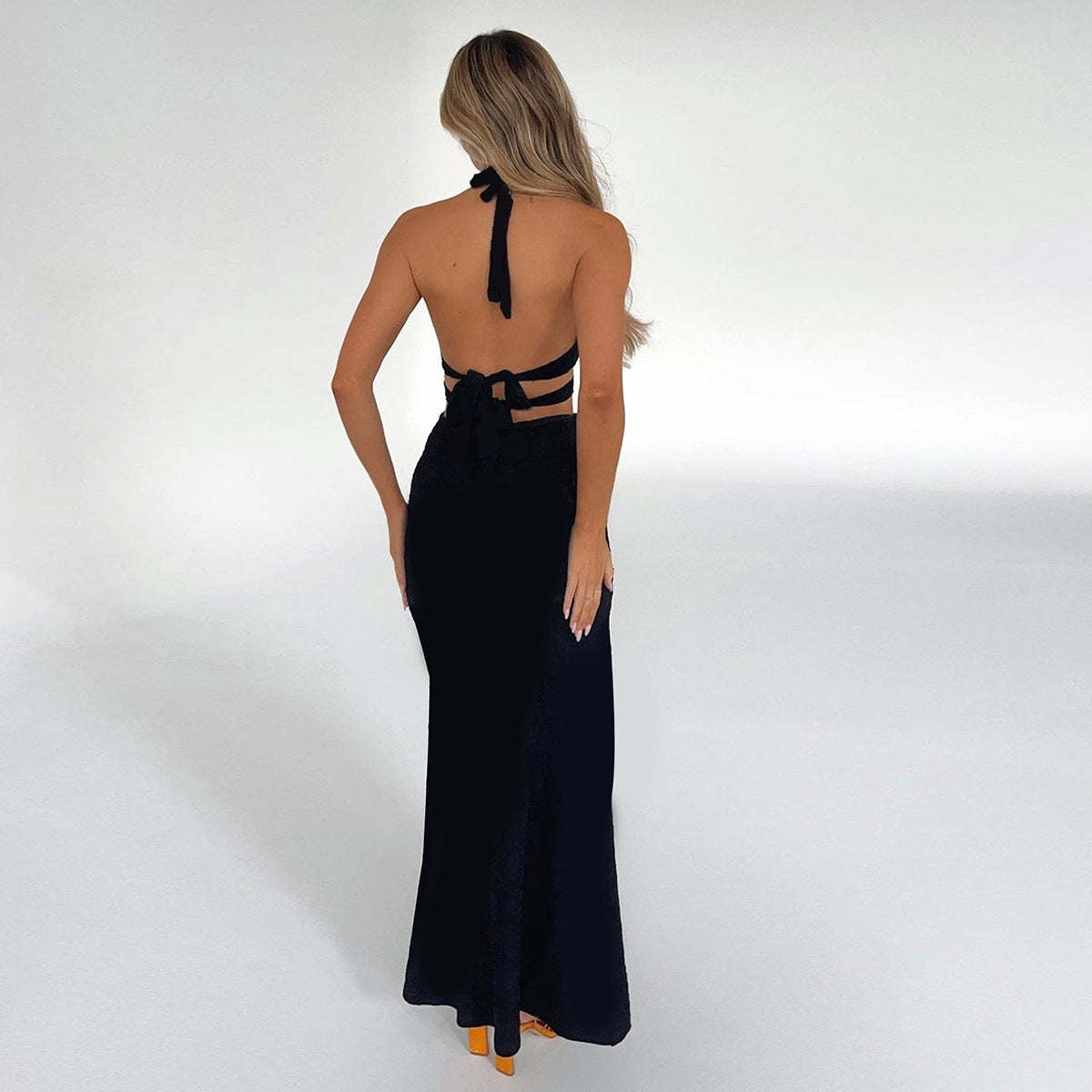 Summer Sexy Halter Dress Arrival Hollow Out Cutout out Tied Side Slit Irregular Asymmetric Maxi Dress - ALZO
