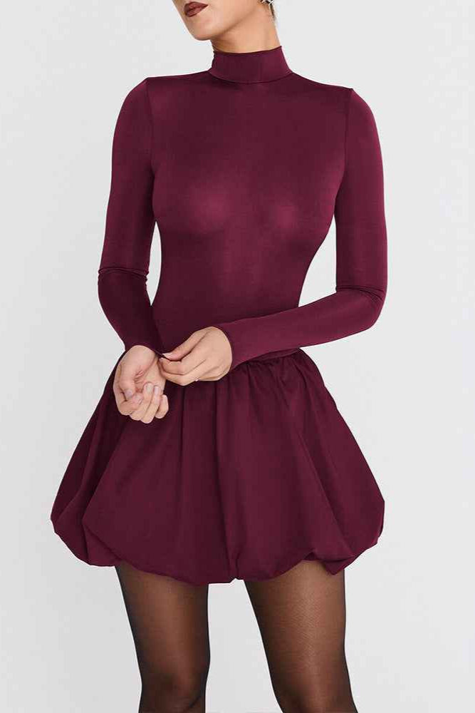 Elegant Slim Fit Women Dress Sexy Turtleneck Long Sleeved Tight Waist Pleated A line Dress