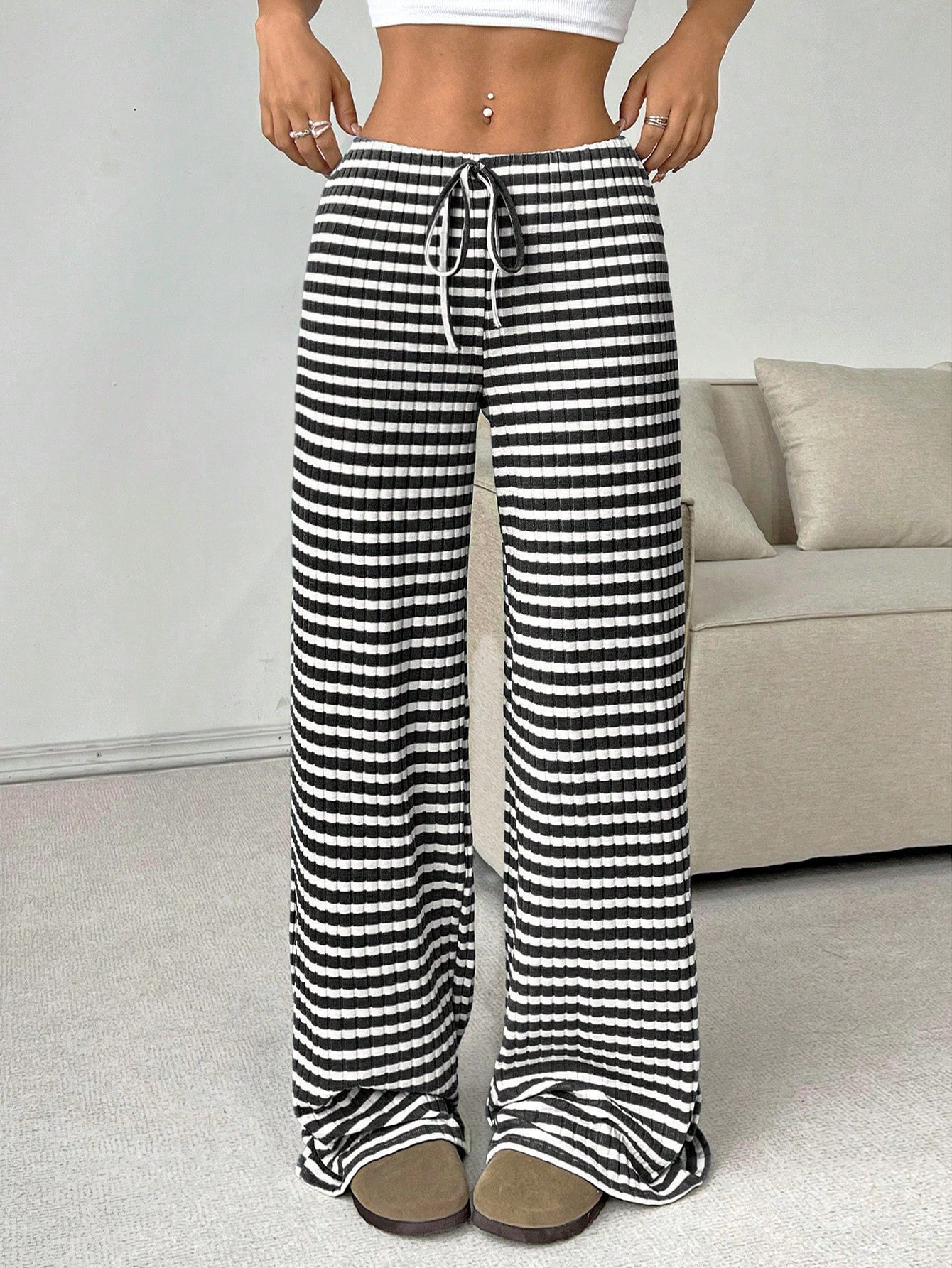 Autumn Winter Women Casual Striped Solid Color Rubber Band Drawstring Straight Leg Pants - ALZO
