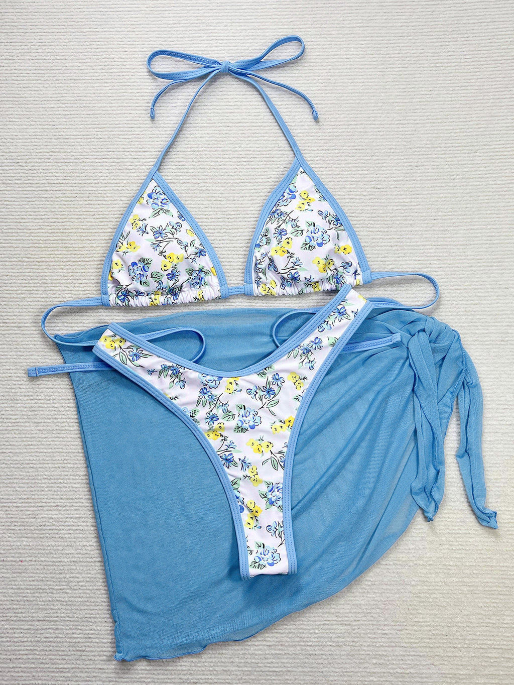 Swimsuit Women Sexy Backless Lace up Seaside Beach Skirt Printed Bikini Three Piece Set - ALZO