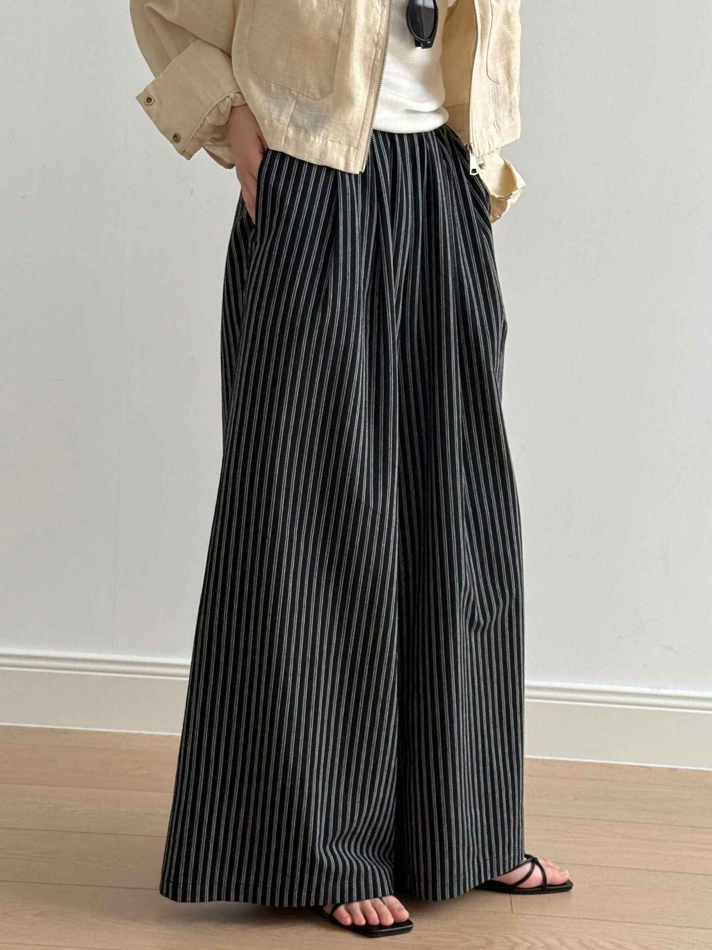 Simple Vertical Striped Casual Pants Women Summer Loose Feeling Loose Wide Leg Draggle Tail Trousers