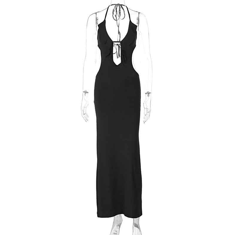 Women Clothing Summer Sexy Close Fitting Slim Fitting Solid Color Halter Sling Dress