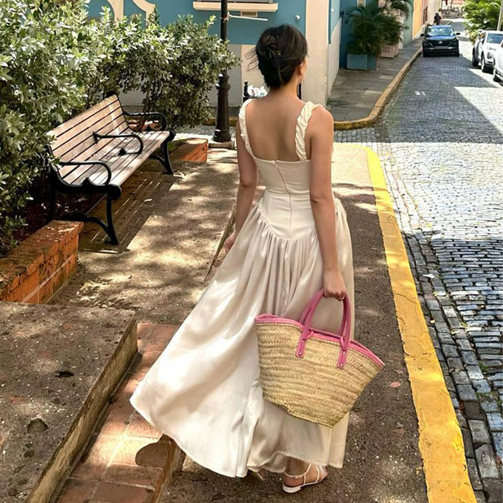 Spring Dress Sexy Square Collar Sling Stitched Backless Dress - ALZO