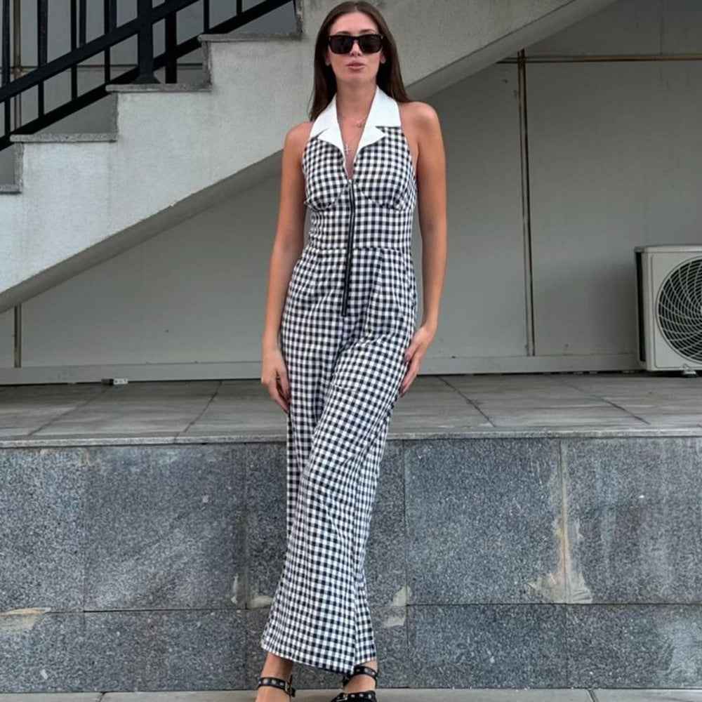 Sexy Backless Hollow Out Cutout out Loose Waist Blouse Collar Zipper Plaid Jumpsuit Wide Leg Pants