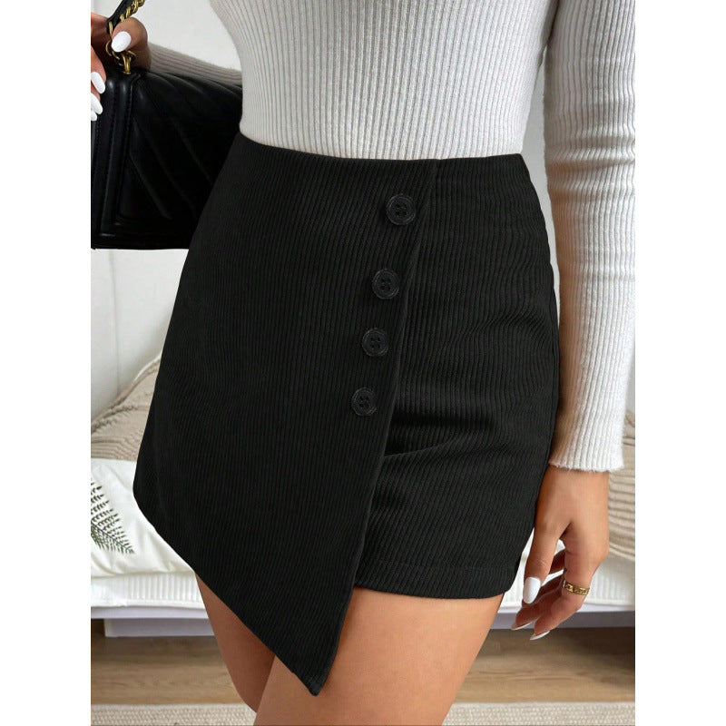 Women Solid Color Corduroy Dress Front Irregular Asymmetric Short Culottes - ALZO
