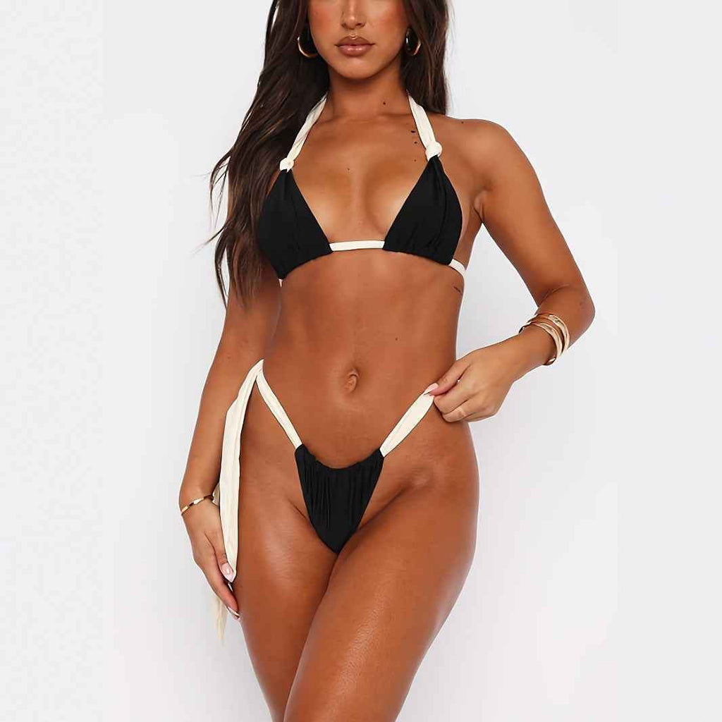 Solid Color Tied Halter Bikini Three Point Trial Split Swimsuit for Women