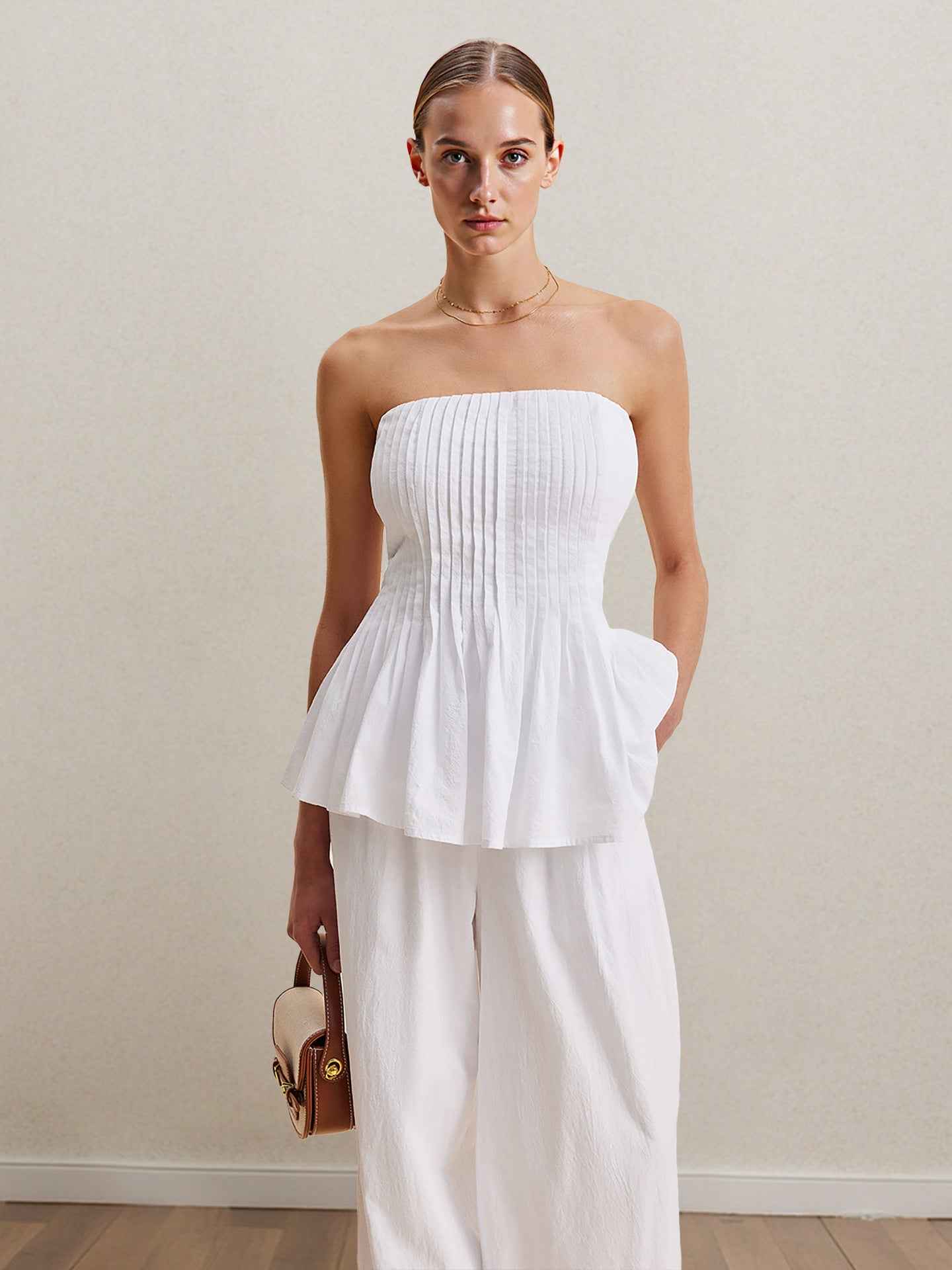 Professional Spring Summer White Casual off the Shoulder Top Trousers Tube Top Simple Office Women Clothing