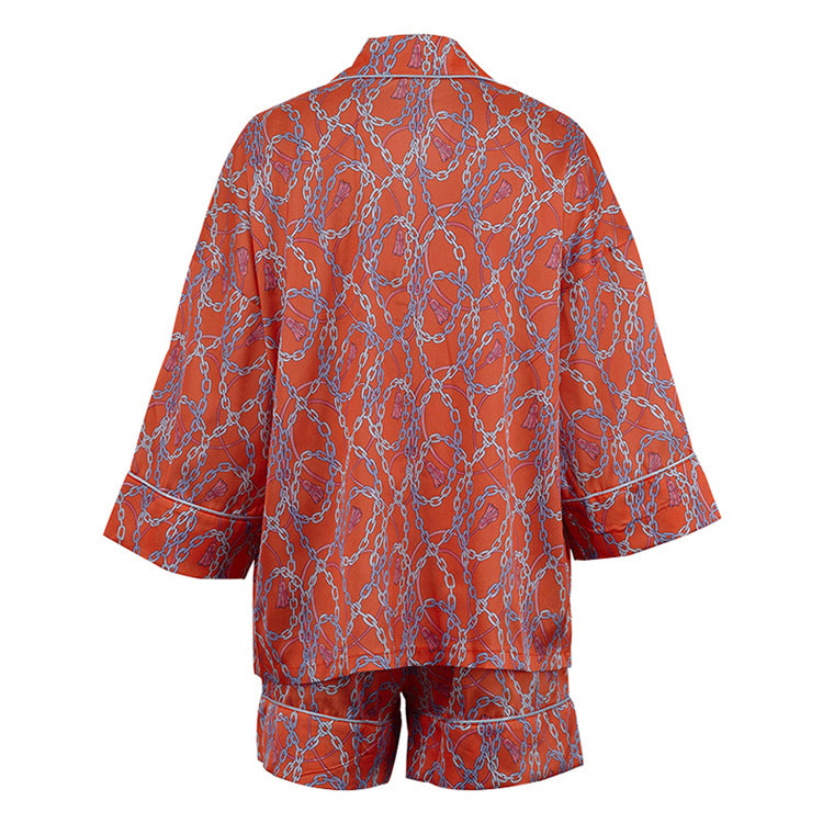 Printed Casual Women Collared Three Quarter Length Sleeves Cardigan Top High Waist Shorts Two Piece Sets - ALZO