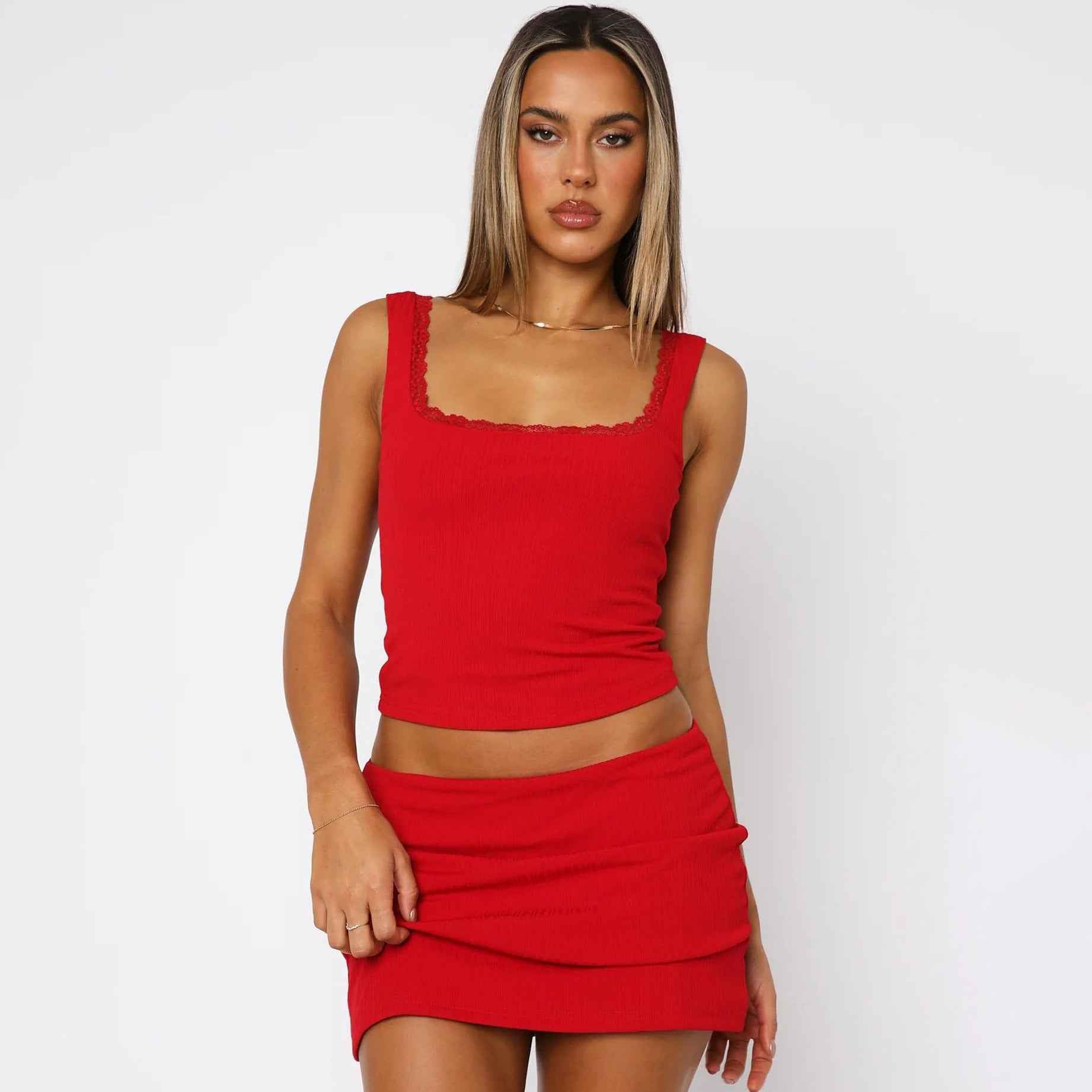 Summer Women Clothing Lace Lace Spaghetti Strap Square Collar Sexy Top Solid Color Sexy Vest