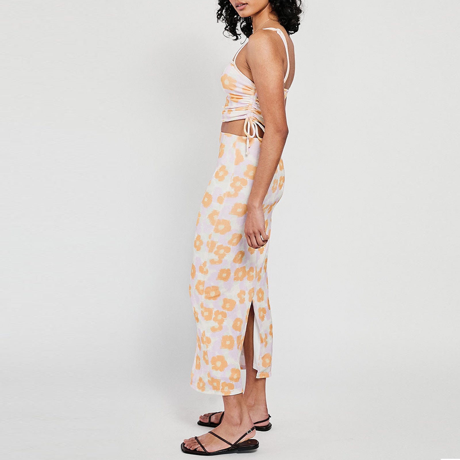Floral Printed Sexy Side Pleating Sling Top Slit Midi Skirt Two Piece Sets Summer - ALZO